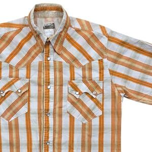 VTG Express Rider Western Pearl Snap SS Shirt Orange Striped Mens Small